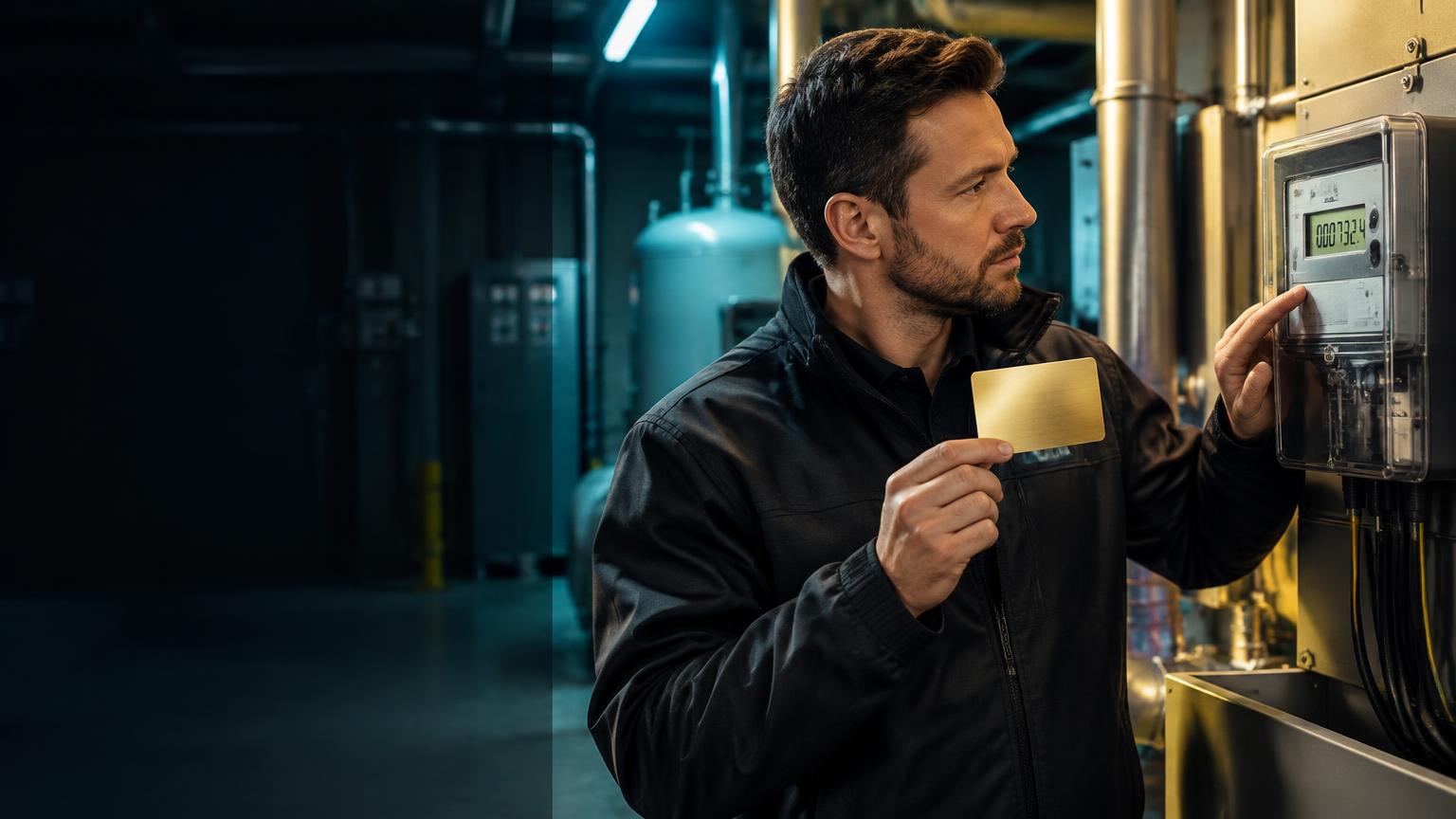 Energy specialist checking a commercial electricity meter while holding a gold card