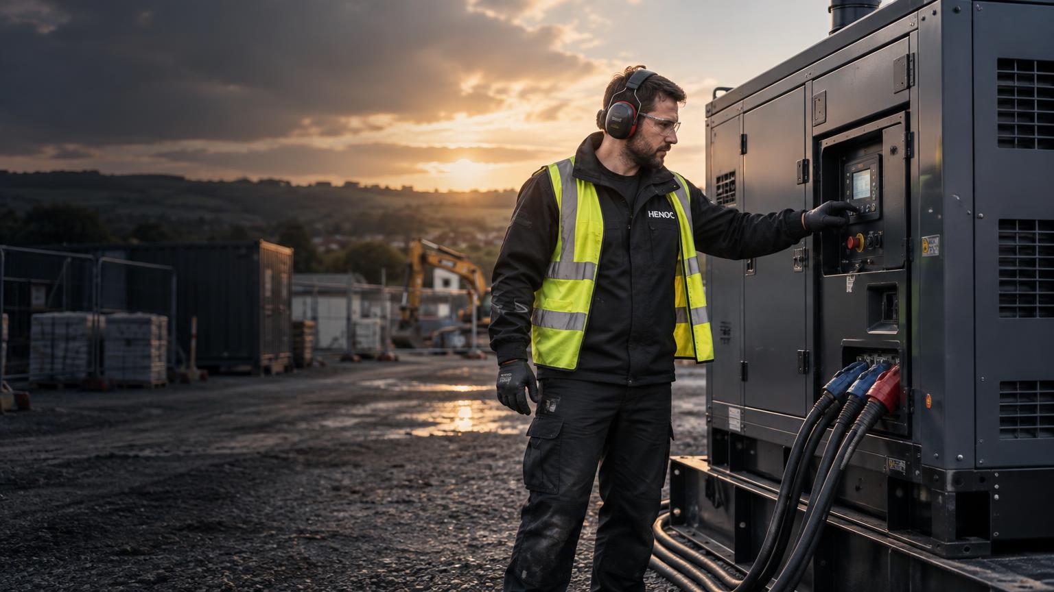 Illustration of a HENOC engineer starting a temporary generator at a commercial site